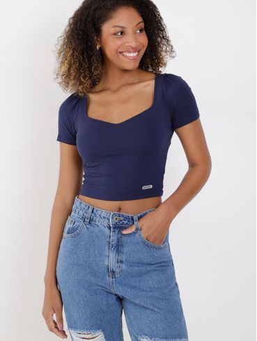 Blusa Cropped Manga Curta Feminina Azul Marinho