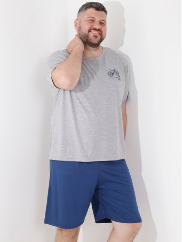 Pijama Curto Plus Size Masculino Cinza/Azul Marinho