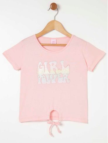 Blusa Manga Curta com Amarração Juvenil Para Menin Rosa Claro