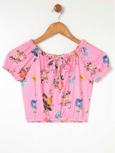 Blusa Manga Curta Estampada Juvenil Para Menina - Rosa