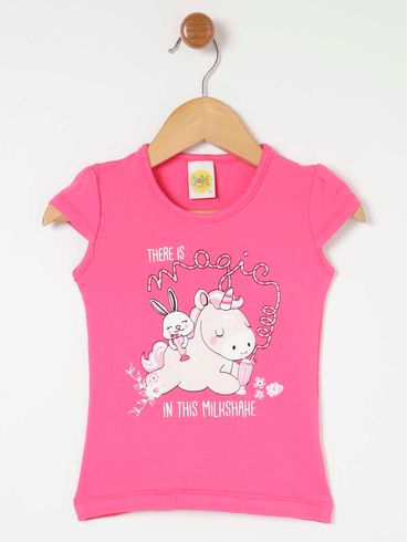 Blusa Cotton Manga Curta Infantil Para Menina - Rosa Pink