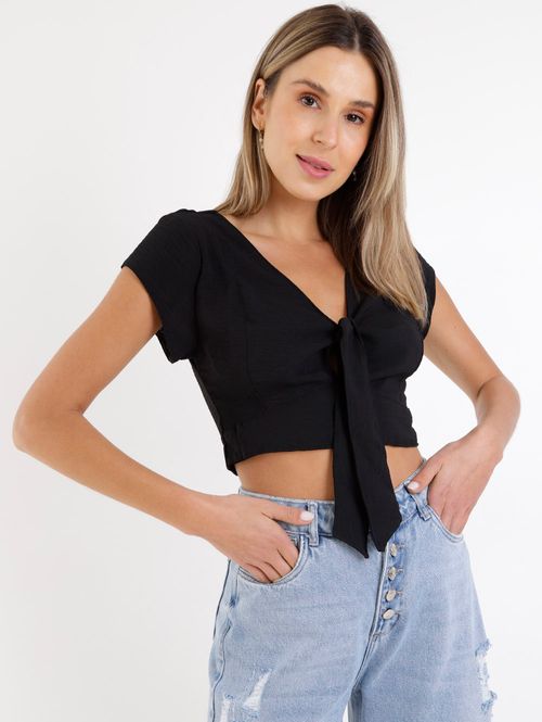 Blusa Manga Curta Cropped Feminina Preto