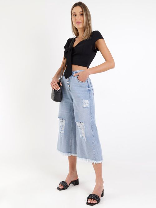 Blusa Manga Curta Cropped Feminina Preto