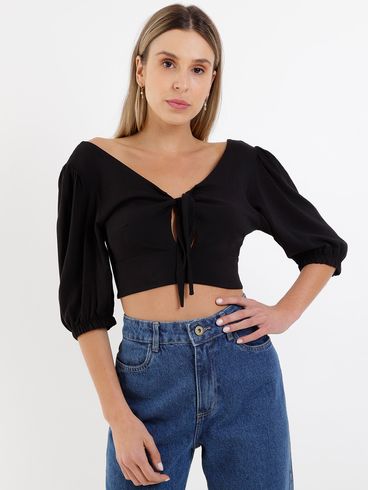 Blusa Cropped Manga 3/4 Feminina Preto
