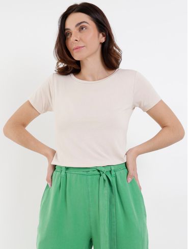 Blusa Manga Curta Alongada Feminina Bege