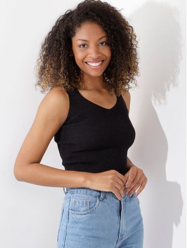Top de Tricot Decote "V" Feminino Preto