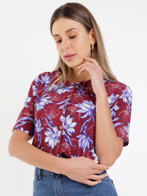 Camisa Alongada Floral Feminina Bordô