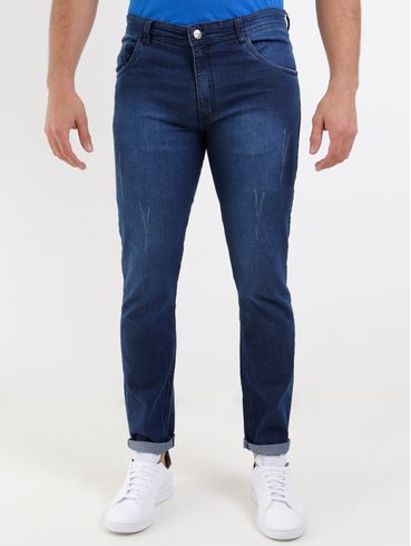 Calça Jeans Slim com Puídos Masculina Azul