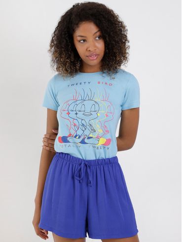 Blusa Manga Curta Piu-Piu Feminina Azul