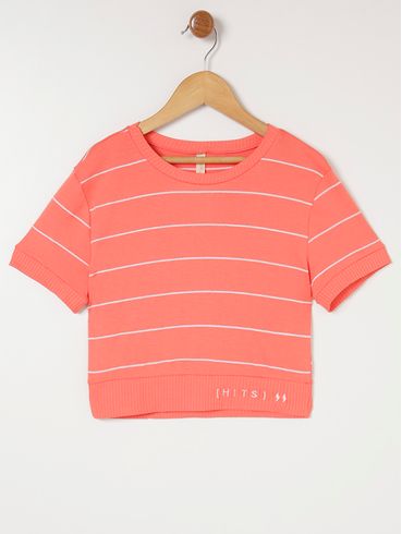 Blusa Manga Curta com Listras Lunender Juvenil Par Salmão