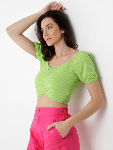 Top Cropped Malha Canelada Feminino Verde