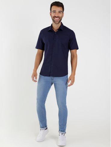 Camisa Lisa Manga Curta Masculina Azul