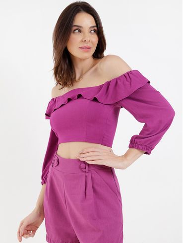 Blusa Cropped Manga 3/4 Feminina Roxo