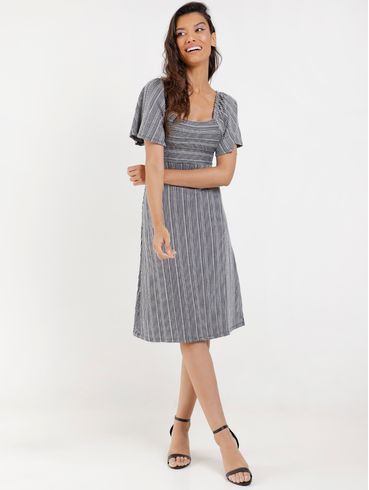 Vestido Médio Listrado Feminino Preto