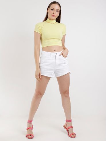 Blusa Cropped Manga Curta Feminina Amarelo