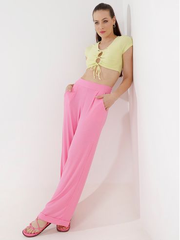 Calça Canelada Wide Leg Feminina Rosa Pink