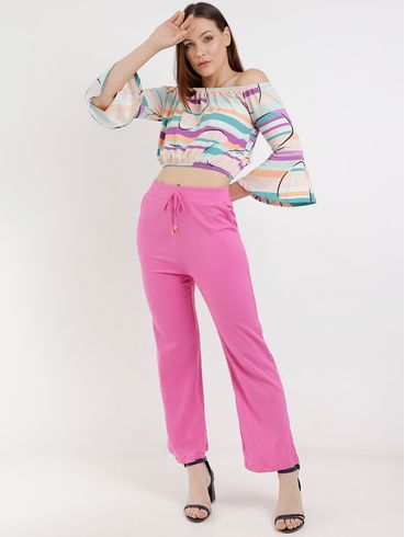 Calça de Tecido Wide Leg Feminina Rosa/Rosa