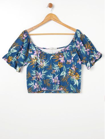 Blusa Floral Mangas Bufantes Plus Size Feminina Azul Marinho