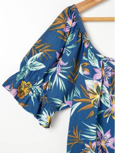 Blusa Floral Mangas Bufantes Plus Size Feminina Azul Marinho