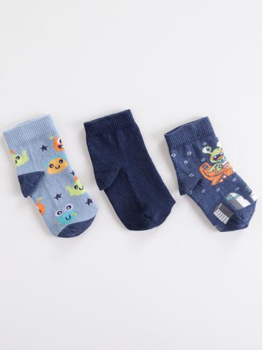 Kit com 03 Meias Infantil Para Bebê - Azul Marinho/Azul