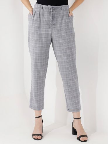 Calça de Alfaiataria Xadrez Autentique Feminina Cinza