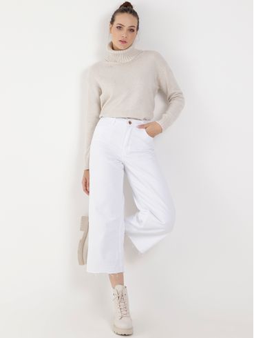 Blusão de Tricot Gola Alta com Pérolas Feminino Bege