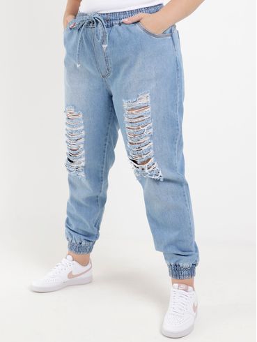 Calça Jogger Jeans Plus Size Feminina Azul