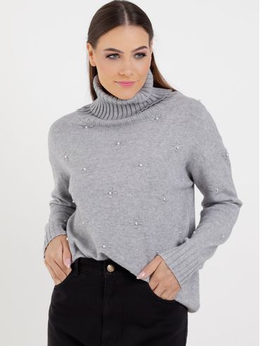 Blusão de Tricot Gola Alta com Pérolas Feminino Cinza