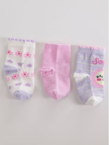 Kit com 03 Meias Infantil Para Bebê- Lilás/Rosa/Off White