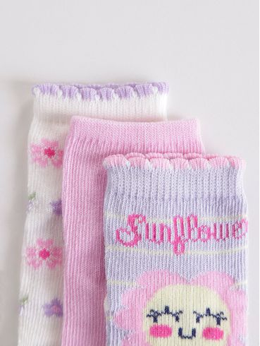 Kit com 03 Meias Infantil Para Bebê- Lilás/Rosa/Off White