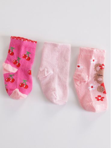 Kit com 03 Meias Infantil Para Bebê- Rosa/Rosa