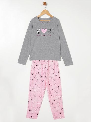 Pijama Longo Juvenil Para Menina - Cinza/rosa