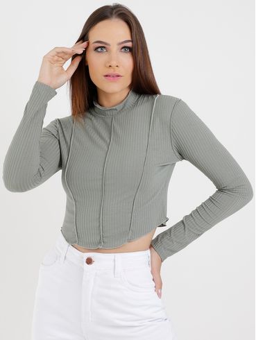 Blusa Manga Longa Canelada Feminina Verde