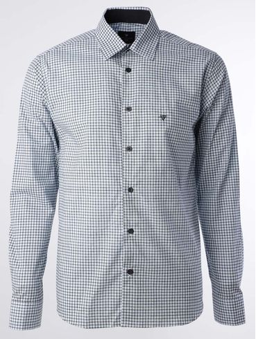 Camisa Manga Longa Slim Fit Xadrez Masculina Branco