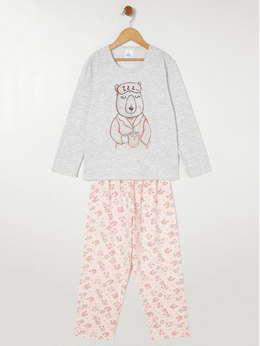 Pijama Longo Juvenil Para Menina - Cinza