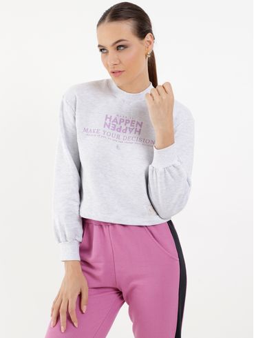 Moletom Cropped com Escritas Feminino Cinza