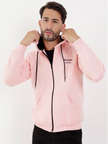 Jaqueta Moletom com Capuz Masculina Rosa Claro