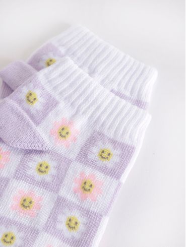 Meia Cano Curto Selene Juvenil Para Menina - Branco/Lilás