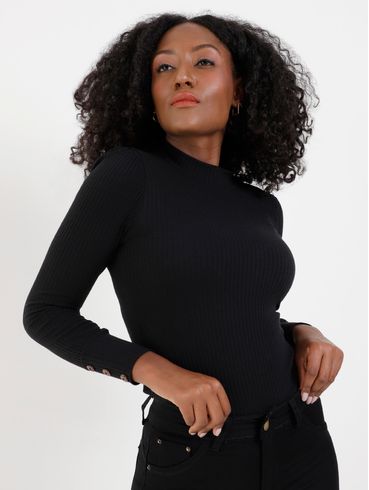 Blusa Malha Canelada Manga Longa Feminina Preto