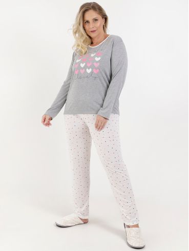 Pijama Longo Plus Size Feminino Cinza/off White