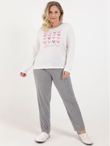 Pijama Longo Plus Size Feminino Off White/cinza