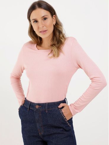 Blusa Manga Longa Canelada Feminina Rose