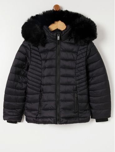 Jaqueta Puffer com Capuz Infantil Para Menina - Preto