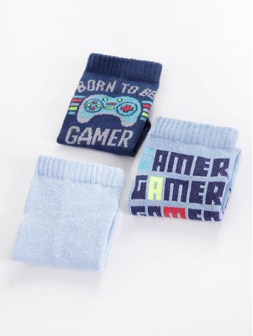 Kit com 03 Meias Juvenil Para Menino - Cinza/Azul/Azul