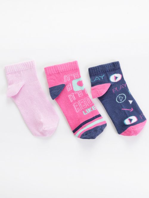 Kit com 03 Meias Juvenil Para Menina - Rosa Pink/Rosa/Azul Marinho