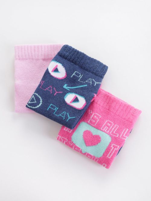 Kit com 03 Meias Juvenil Para Menina - Rosa Pink/Rosa/Azul Marinho