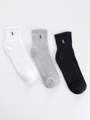 Kit com 03 Meias Esportivas Lupo Masculinas Branco/Cinza/Preto