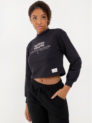 Moletom Cropped com Escritas Feminino Preto