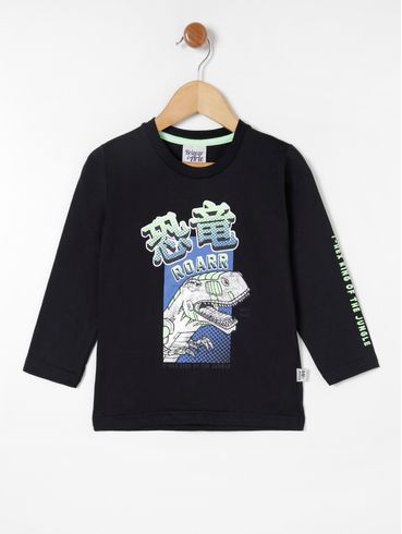 Camiseta Manga Longa Infantil Para Menino - Preto