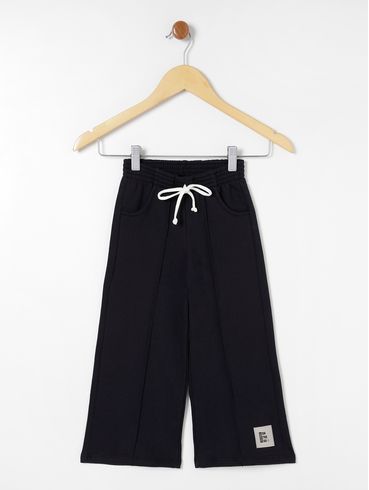 Calça Moletom Wide Leg Infantil Para Menina - Preto